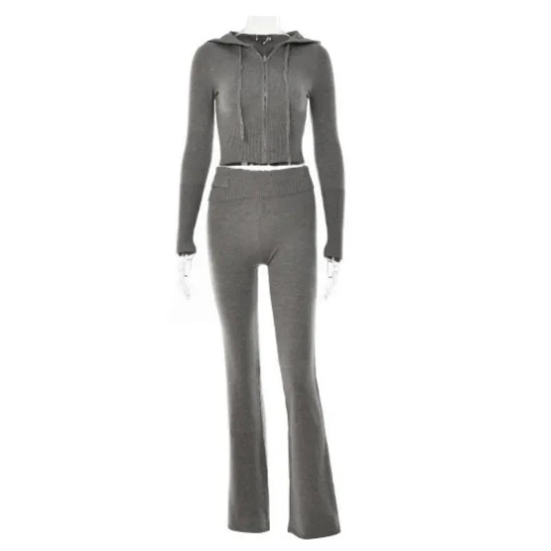 2026 Autumn Winter Women Knitted Two Piece Set Elegant Chic Long Sleeve Zipper Hooded Crop Top Pants Suit Tracksuit Streetwear