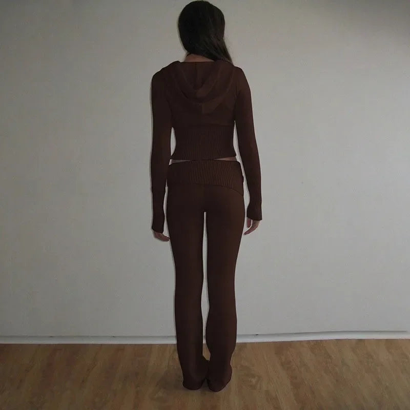 2026 Autumn Winter Women Knitted Two Piece Set Elegant Chic Long Sleeve Zipper Hooded Crop Top Pants Suit Tracksuit Streetwear