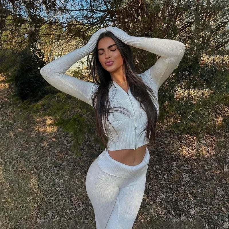 2026 Autumn Winter Women Knitted Two Piece Set Elegant Chic Long Sleeve Zipper Hooded Crop Top Pants Suit Tracksuit Streetwear